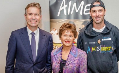Vice-Chancellor Professor Peter Høj, Professor Bronwyn Fredericks and Jack Manning Bancroft at the event welcoming AIME to UQ.